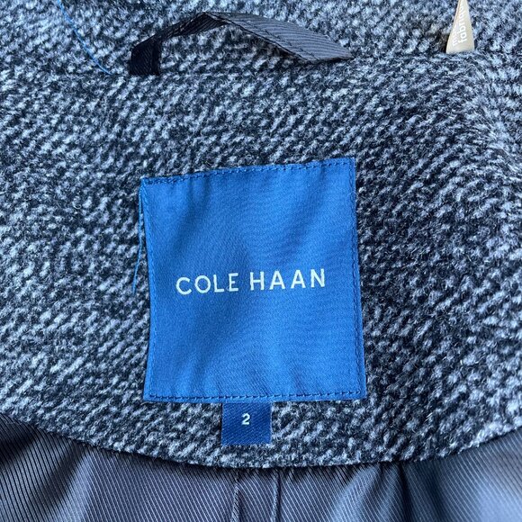 Cole Haan Wool Blend Gray Tweed Classic Lined Coat Womens 2 Pockets Funnel Neck - Picture 3 of 12
